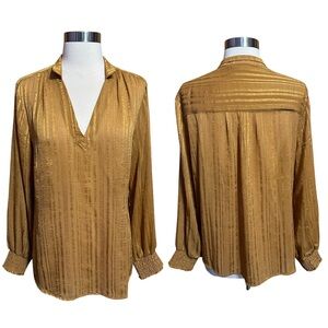 Soft Surroundings Gold Striped Lightweight Long Sleeve VNeck Blouse Top Medium